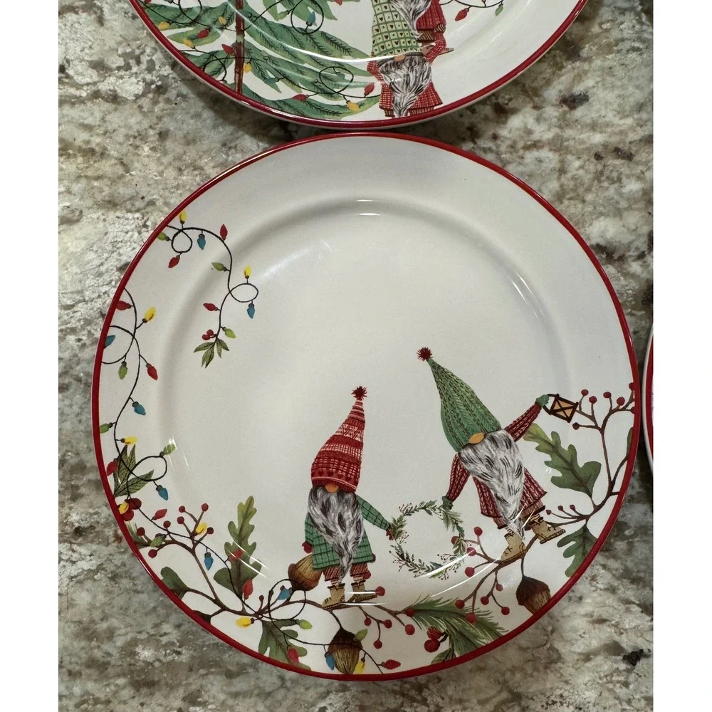 Pottery Barn Forest Gnome Salad Plates Set of 4 Christmas Holiday Stoneware 9in